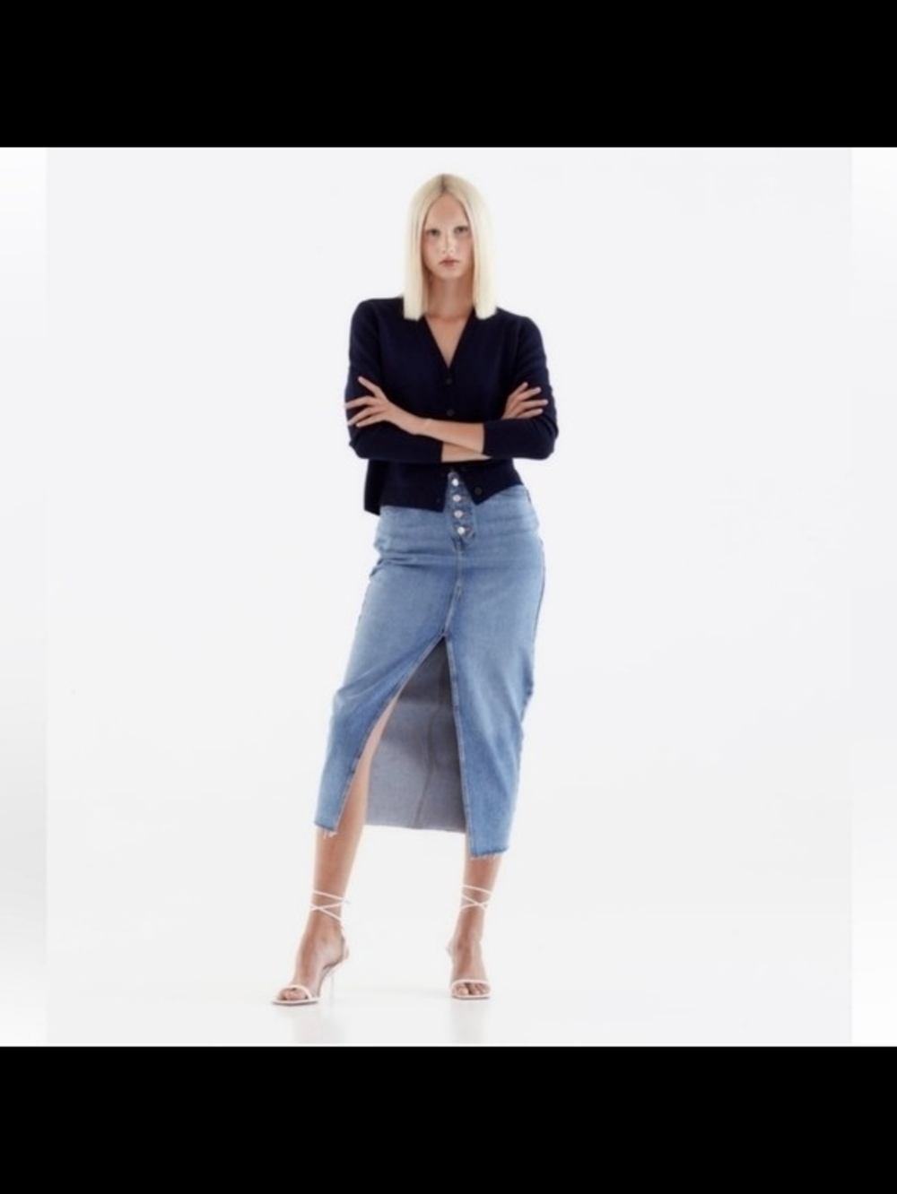 Zara Light Blue Button-Front Denim Midi Skirt with Center Slit